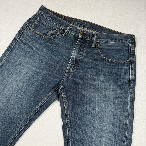 Levis 527 Jeans Mens 34x32 Blue Denim Slim Bootcut Low Rise Distressed Faded - Picture 1 of 16